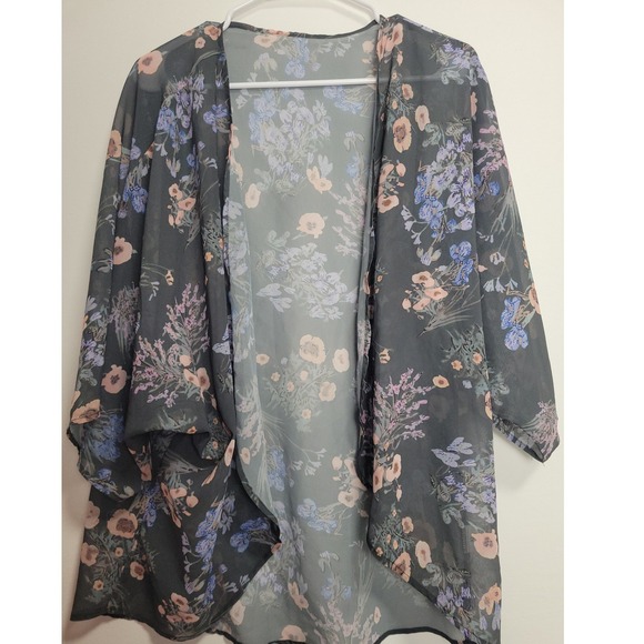 Boutique Sweaters - Floral Kimono Wrap Sheer Gray Purple Blue Open Front Cardigan XL